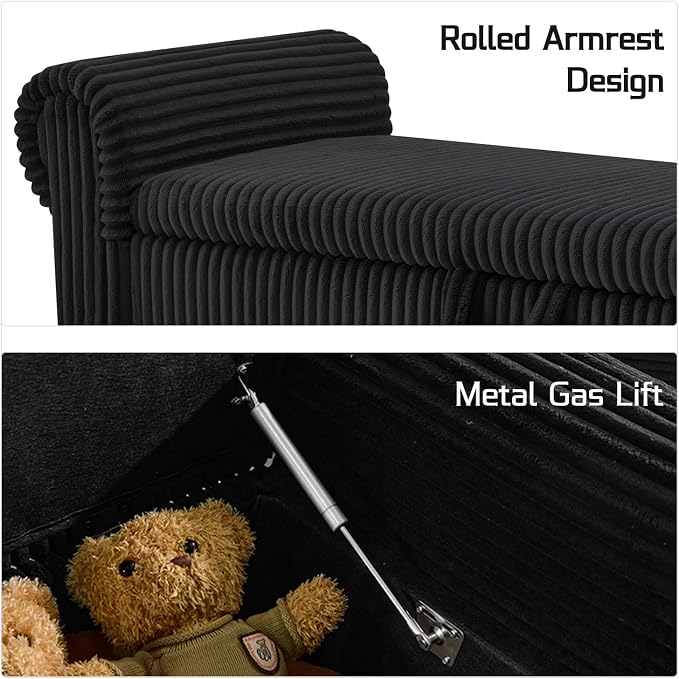 55" Storage Bedroom Bench for End of Bed, Storage Ottoman with Rolled Arms for Bedroom, Living Room, Entryway (Black)