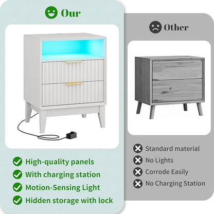 LVSOMT 20'W Fluted Nightstand Set of 2, Night Stand with Charging Station and LED Lights, RFID Lock Hidden Drawer, Mid Century Morden Bedside Table for Bedroom, 2 Drawers and Open Storage Cubby, White