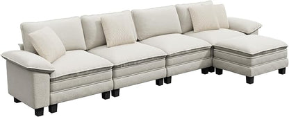 PHI VILLA Cloud Modular Couch Sets, 157.5" Oversized Sectional Sofa with L-Shaped Chaise, 5-Seater Upholstered Couches with Movable Ottoman for Living Room, Chenille Beige
