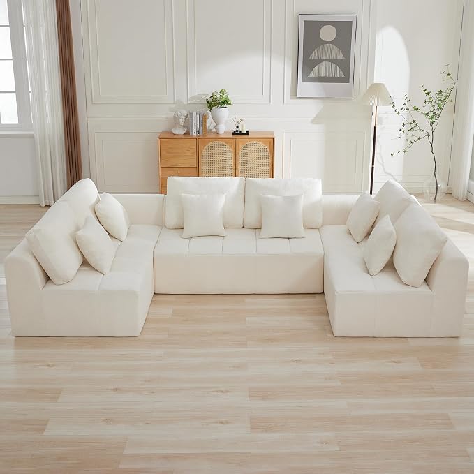 140''Modular Sectional Couches for Living Room, Cloud Boneless Compressed Sectional Sofa, Oversized U Shaped 6 Seater Upholstered Memory Foam Sofa, No Assembly, Chenille Beige