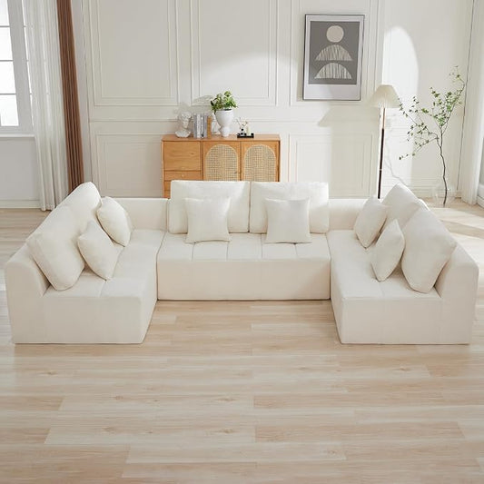 140''Modular Sectional Couches for Living Room, Cloud Boneless Compressed Sectional Sofa, Oversized U Shaped 6 Seater Upholstered Memory Foam Sofa, No Assembly, Chenille Beige