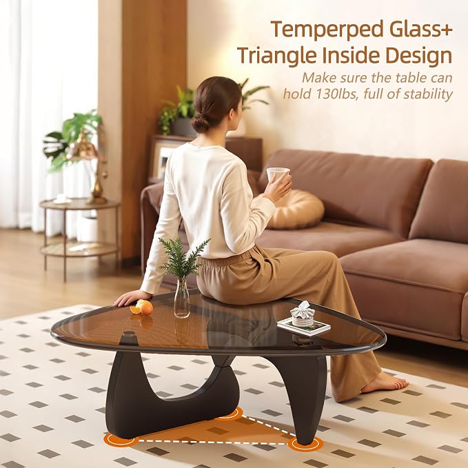 Coffee Table for Living Room Mid Century Modern Center Small Table with Glass Top and Wood, Black Brown(36 Inch)