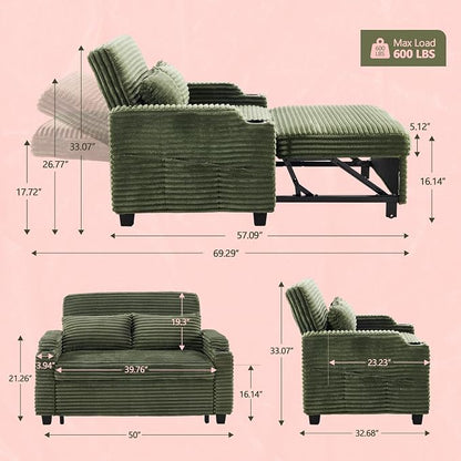 VINGLI Green Futon Sofa Bed Convertible Loveseat Sleeper Sofa Couch, Corduroy Pullout Sofa Fold Out Couch Bed with USB Ports, Cup Holders, Armrest for Living Room, Bedroom Apartment Room