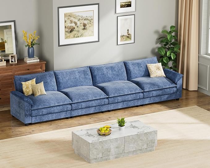 Homall 159" Modular Sectional Sofa, Linear Sofa Couch with Double-Layer Cushion, DIY Combination Chenille Deep 4-Seat Cloud Couch for Living Room, Apartment (Dark Blue, Linear Sofa)