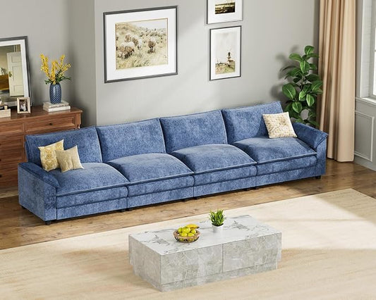 Homall 159" Modular Sectional Sofa, Linear Sofa Couch with Double-Layer Cushion, DIY Combination Chenille Deep 4-Seat Cloud Couch for Living Room, Apartment (Dark Blue, Linear Sofa)