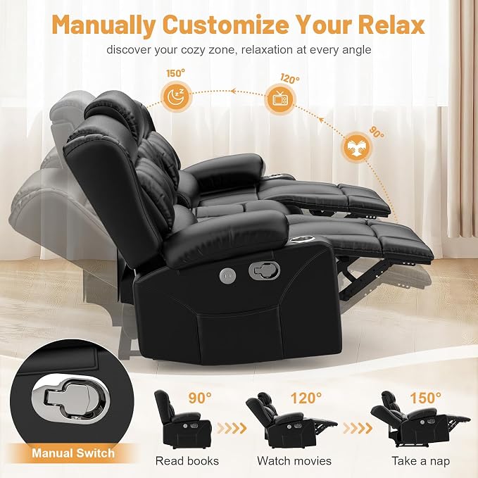 Dresegmt Loveseat Recliner Sofa, Flip Middle Backrest Design PU Leather 3 Seat Reclining Sofa with Storage Drawer, Manual Couch for Living Room/RV (Black, PU)