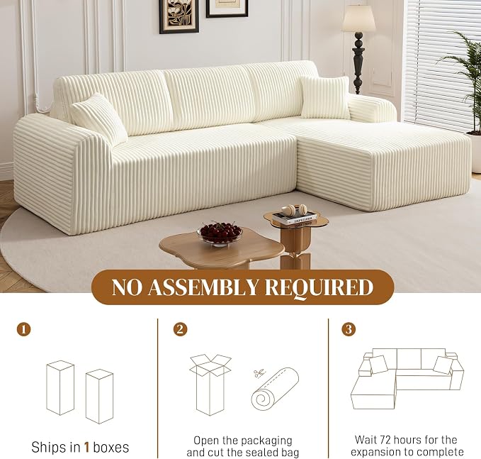 110" L Shaped Boneless Sectional Couches for Living Room, Comfy Corduroy Floor Cloud Sofa with Chaise, Wide Armrest, Deep Seat, Memory Foam, Assembly Free, Ideal for Small Spaces, Beige