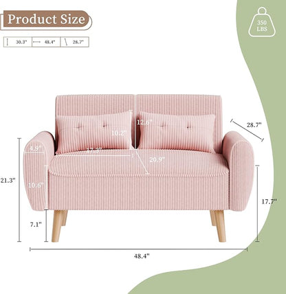 Vongrasig 47" Small Modern Loveseat Sofa, Mid Century Soft Corduroy Fabric 2-Seat Sofa Couch Tufted Love Seat with Back Cushions and Tapered Legs for Living Room, Bedroom and Small Space (Pink)