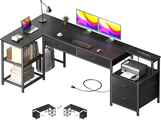 Korfile 65 Inch L Shaped Computer Desk with Power Outlets, Reversible Home Office Desk with 4 Fabric Drawers & 2 Adjustable Mesh Shelves, Corner Study Work Desk with Larger Storage, Black