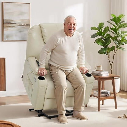 MCombo Oversized Power Lift Recliner Chair for Elderly, Lift Chair with Heat and Massage for Big and Tall, USB&Type C Ports, Cup Holders, Faux Leather R7510 (Cream White, Large-Wide)