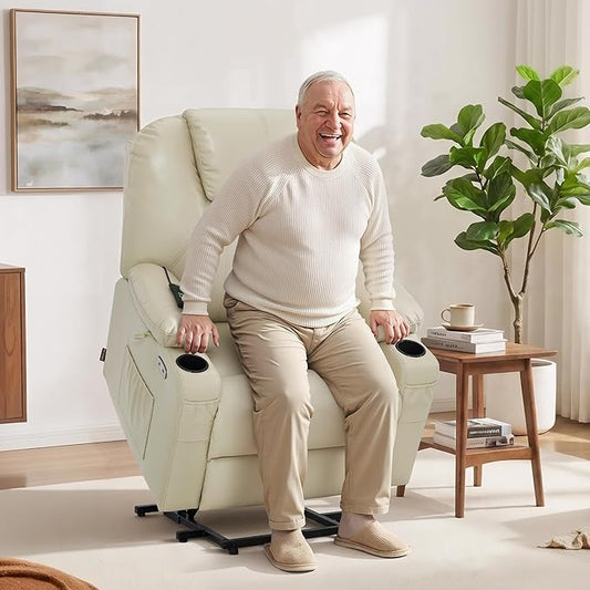 MCombo Oversized Power Lift Recliner Chair for Elderly, Lift Chair with Heat and Massage for Big and Tall, USB&Type C Ports, Cup Holders, Faux Leather R7510 (Cream White, Large-Wide)