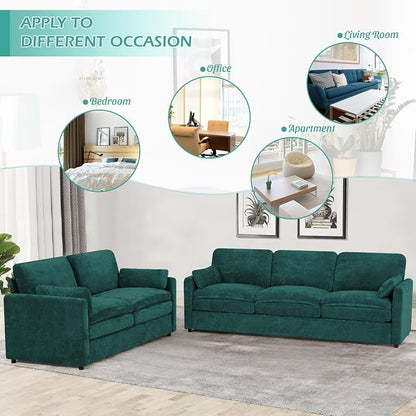 89” Chenille Sofa w/Arm Pillows, Upholstered 3-Seater Sofa w/Comfortable Back Cushions, Modern 3 Seats Couch w/High-Density Foam for Living Room, Apartment, Office, Teal