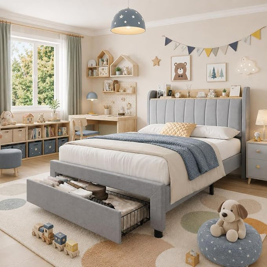 Garvee Queen Size Platform Bed Frame with Upholstered Storage Headboard, Built-in Charging Station, Metal Drawers, Wooden Slats, Sturdy and Noise-Free, Modern Bedroom Furniture - Twin, Light Gray
