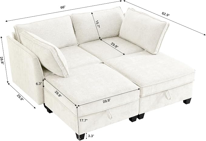 ORRD Sleeper Modular Sectional Sofa Set, Convertible Couch Bed with Storage, 4 Seater and 2 Armrestes Sofa Modular for Living Room, Office (Beige)