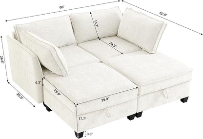 ORRD Sleeper Modular Sectional Sofa Set, Convertible Couch Bed with Storage, 4 Seater and 2 Armrestes Sofa Modular for Living Room, Office (Beige)
