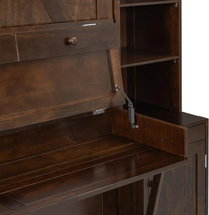 Merax Queen Size Murphy Bed with Desk and LED Lights, Power Outlet, Foldable Murphy Cabinet Bed with Open Storage Shelves & Drawers, Wood Space-Saving Hidden Wall Bed for Guest Room, Dark-Brown