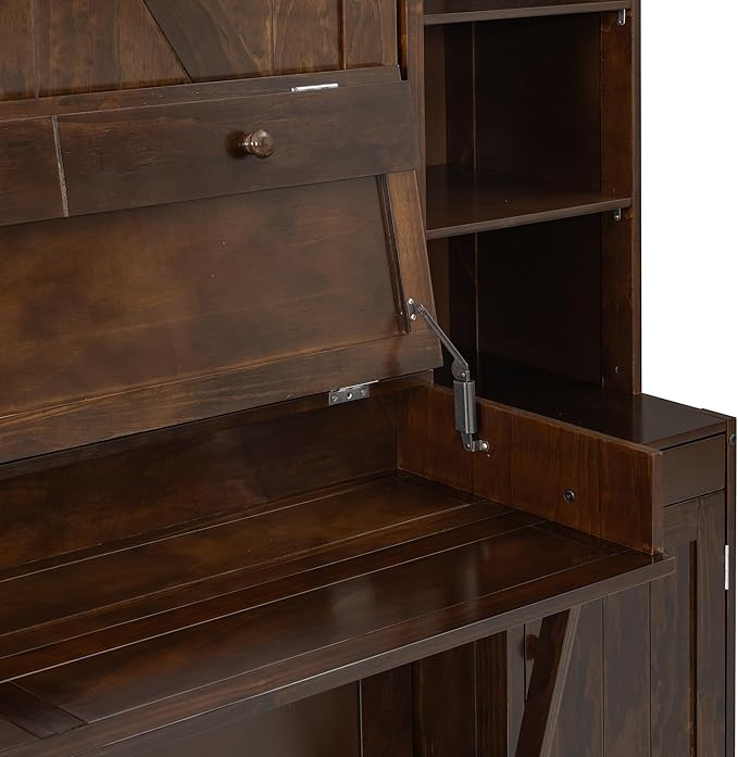 Merax Murphy Bed with Desk, Storage Cabinets and Drawers, Wood Wall Bed with Shelves, Convert to Cabinet, Space-Saving, Queen Size, Dark Brown