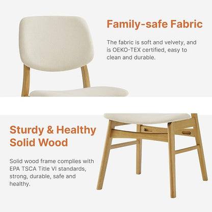 KISLOT Wooden Dining Chairs Set of 2, Upholstered Modern Dining Room Chairs, Mid Century Solid Oak Wood Kitchen Chairs for Farmhouse, Restaurant, Café (Cream Fabric & Original Color)