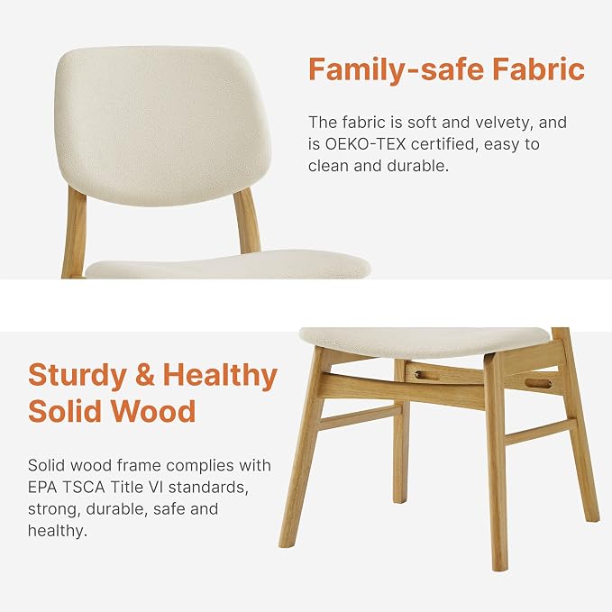 KISLOT Wooden Dining Chairs Set of 6, Upholstered Modern Dining Room Chairs, Mid Century Solid Oak Wood Kitchen Chairs for Farmhouse, Restaurant, Café (Cream Fabric & Original Color)