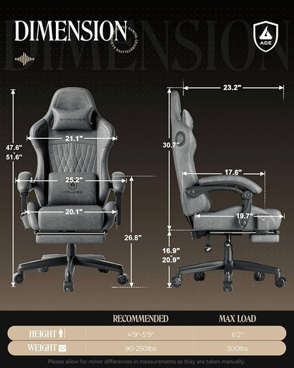GTPLAYER Gaming Chair with Speakers, Video Game Chairs with Footrest, PC Gamer Chairs for Adults - Padded High Back Ergonomic Reclining Silla Gamer, Linkage Armrest, Ace Pro, Grey