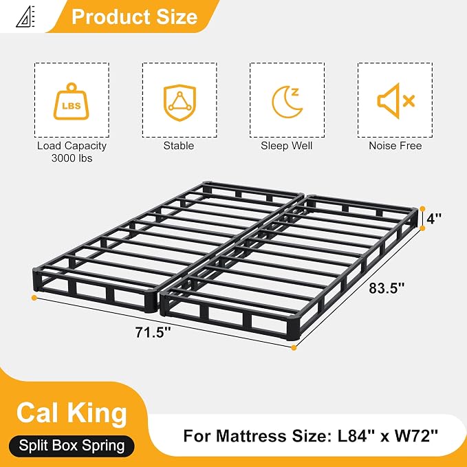 Lutown-Teen 4 Inch Split California King Box Spring, Heavy Duty Metal Cal King Box Spring Mattress Foundation with Fabric Cover, Easy Assembly, Noise Free