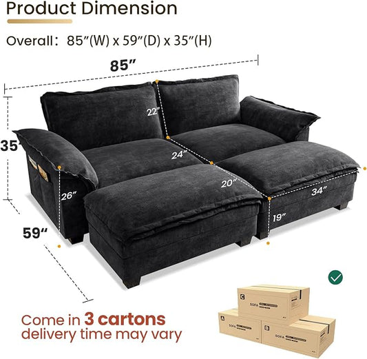 KKL Sectional Modular Sofa Bed, 4 Seater Cloud Couch with Ottoman, Chenille Sectional Couches for Living Room, Apartment, Black