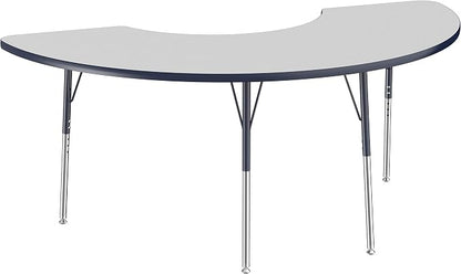 FDP Half Moon Activity School and Office Table (36 x 72 inch), Standard Legs with Swivel Glides for Collaborative Seating Environments, Adjustable Height 19-30 inches - Gray Top and Navy Edge