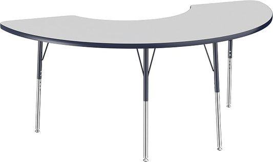 FDP Half Moon Activity School and Office Table (36 x 72 inch), Standard Legs with Swivel Glides for Collaborative Seating Environments, Adjustable Height 19-30 inches - Gray Top and Navy Edge