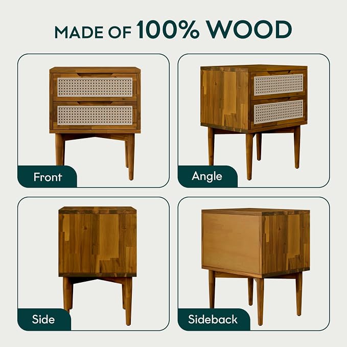 Bme Oliver Solid Wood Rattan Nightstand/Side Table/End Table, Fully Assembled, for Bohemian & Mid Century Style Bedroom and Living Room, Caramel | Fully Assembled