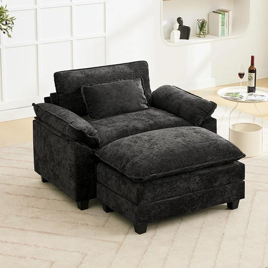 Oprisen 53" Modular Sectional Sofa, Comfy Cloud Couch Sectional Sofa with Ottoman, Chenille Sofa Sleeper Deep Seat Sofa with Throw Pillows for Living Room (Black)