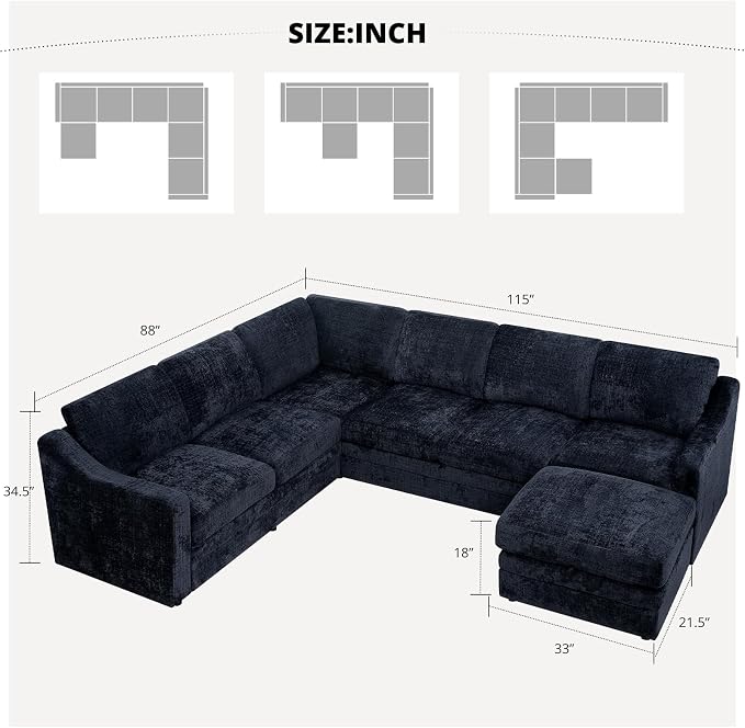 115 Inches Chenille Sectional Sofa with Storage Ottoman, Modern 7 Seats Corner Couch with Deep Seat, Comfy Modular U Shaped Couch with Comfortable Cushions for Living Room, Blue