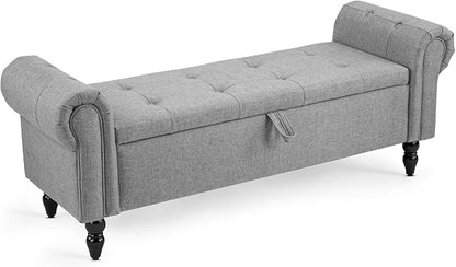 Furniliving 55” End of Bed Bench, Bedroom Bench with Button-Tufted, Large Upholstered Storage Ottoman Entryway Bench with Storage Shoe Cabinet Bench, for Bedroom, Linen, Grey