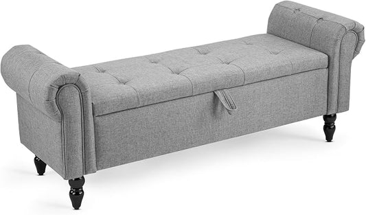 Furniliving 55” End of Bed Bench, Bedroom Bench with Button-Tufted, Large Upholstered Storage Ottoman Entryway Bench with Storage Shoe Cabinet Bench, for Bedroom, Linen, Grey