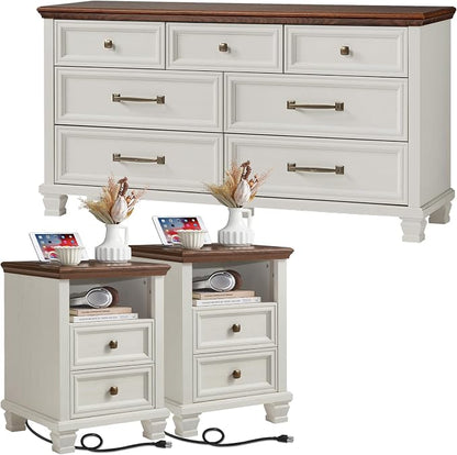 SAVOR LIFE Farmhouse Dresser and Nightstand Sets 3 Piece, 7 Drawer Dresser & 2 Drawer Nightstand Set, Rustic Wood Bedroom Furniture Set for Home, White