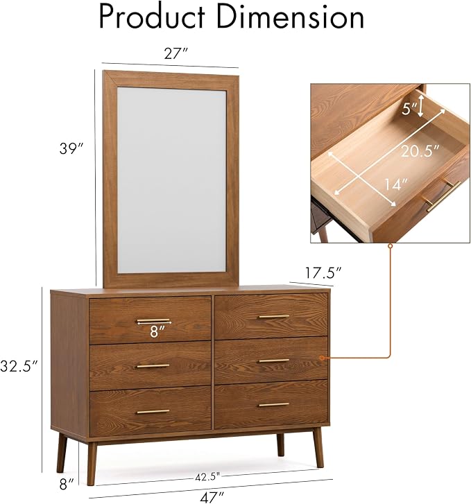 Furniture of America Wyatt Modern Solid Wood Bedroom Collection with Queen Bed Frame, Nightstands, Dresser with Mirror, No Box Spring Needed, Walnut, Standard Platform, 5-Piece Set