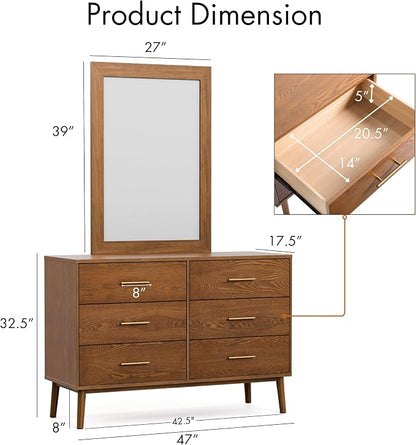 Furniture of America Wyatt Modern Solid Wood Bedroom Collection with Queen Bed Frame, Nightstands, Dresser with Mirror, No Box Spring Needed, Walnut, Standard Platform, 5-Piece Set
