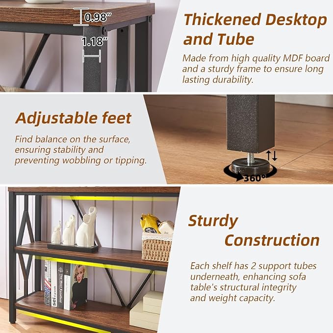 HOMISSUE Sofa Console Table, Rustic Console Table with 3-Tier Storage, Engineered Wood Sofa Tables with Open Shelves, Heavy Duty Entryway Tables for Living Room, Hallway (47 Inch, Rustic Brown)