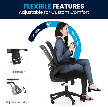 Flash Furniture Kelista Mid-Back Swivel Office Chair with Adjustable Seat Height, Ergonomic Mesh Desk Chair with Flip-Up Armrests, Black