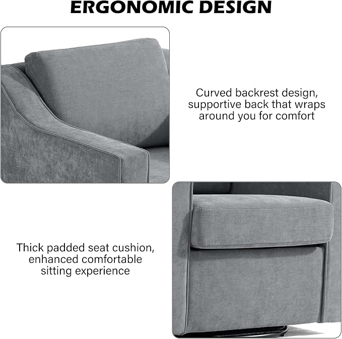 Swivel Accent Chair, Modern Round Barrel Arm Chair for Living Room, Bedroom, Comfy Club Reading Chairs for Adults (Chenille Grey, Set of 2)
