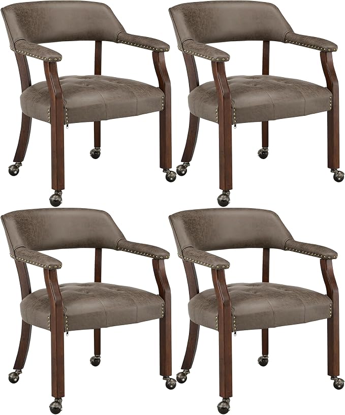 LEEMTORIG Set of 4 Dining Chairs with Casters and Arms, Rolling Dining Chairs with Wheels for Elderly, Ergonomic Wide Seat Wooden Office Chair, 26" Dx25.2 W, Cherry Legs&Dark Brown Fabric SY-1533-DK