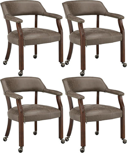 LEEMTORIG Set of 4 Dining Chairs with Casters and Arms, Rolling Dining Chairs with Wheels for Elderly, Ergonomic Wide Seat Wooden Office Chair, 26" Dx25.2 W, Cherry Legs&Dark Brown Fabric SY-1533-DK