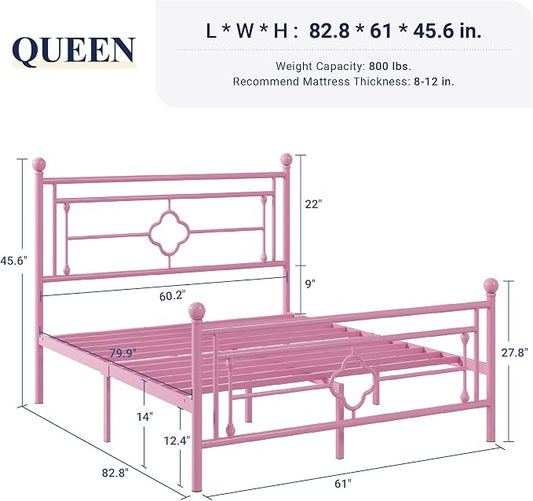 Allewie Queen Size Metal Platform Bed Frame with Victorian Vintage Headboard and Footboard/Mattress Foundation/Under Bed Storage/No Box Spring Needed/Noise-Free/Easy Assembly, Pink