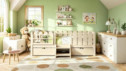 Bellemave Twin Size Platform Bed with Storage Drawers & Bookshelf for Boys Girls, Kids Twin Bed Frame with LED Lights & Stairs for Children's Room, Beige
