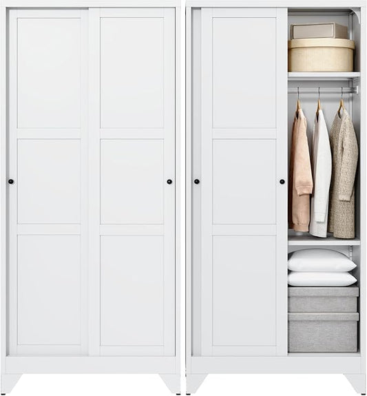 Letaya Armoire Wardrobe Closet,20" Deep Armoire Wardrobe Cabinets with Sliding Doors and Shelves,Narrow Slim Coat Closet Cabinet with Hanging Rod for Home (White)
