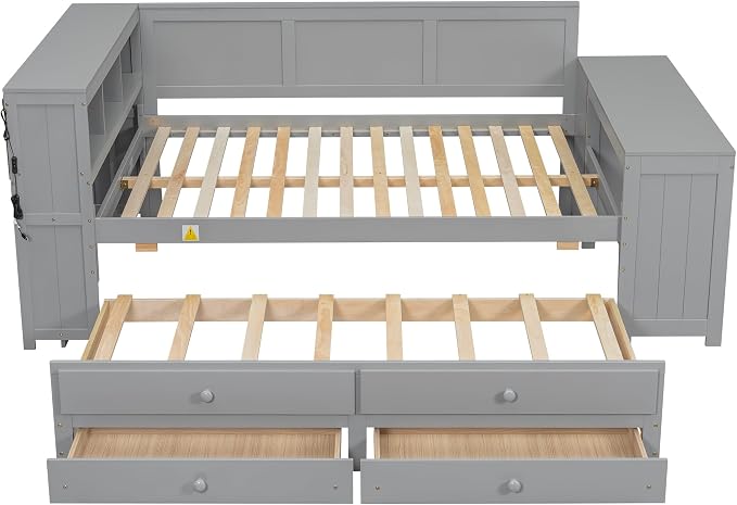 Bellemave Full Corner Bed Frame, Twin Size Captain beds with Storage Cabinets and Desk, Wood Daybed with Bookcase Trundle and Drawers, Gray