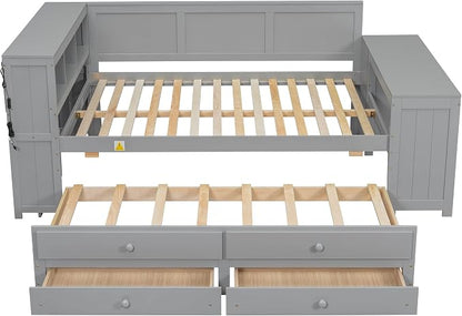 Bellemave Full Corner Bed Frame, Twin Size Captain beds with Storage Cabinets and Desk, Wood Daybed with Bookcase Trundle and Drawers, Gray