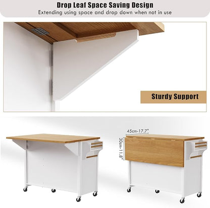 Large Kitchen Island with Rubber Wood Drop Leaf, Rolling Kitchen Cart with Ample Storage on Wheels with Doors and Drawers, Embossed Texture for Dining Room (52Inch, White, Golden Handle)