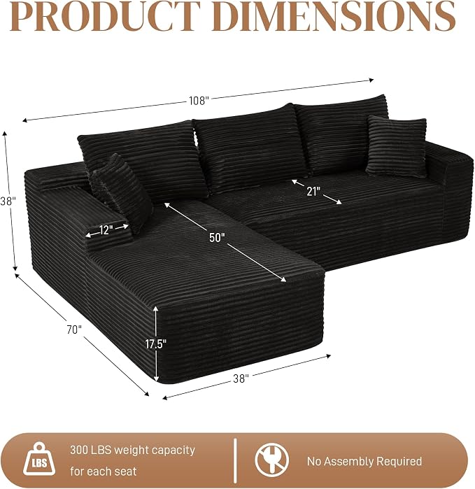 108" L Shaped Cloud Boneless Sectional Couches for Living Room, Modern Comfy Modular Deep Seat Memory Foam Compressed Corduroy Sofa Oversized Left Facing Chaise, No Assembly Required, Balck