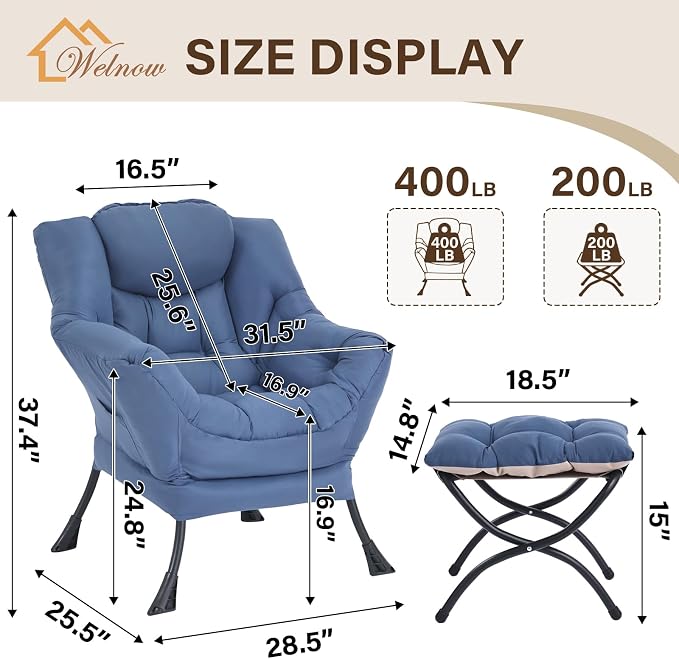 Welnow Lazy Chair with Ottoman, Modern Accent Chair with Armrests and a Side Pocket, Leisure Sofa Armchair, Reading Armchair with Footrest for Small Space, Royal Blue
