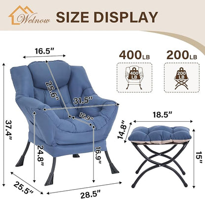 Welnow Lazy Chair with Ottoman, Modern Accent Chair with Armrests and a Side Pocket, Leisure Sofa Armchair, Reading Armchair with Footrest for Small Space, Royal Blue